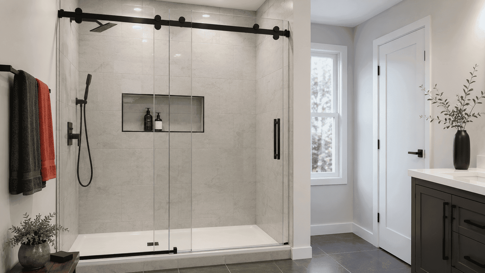 Bright bathroom with a frameless glass shower enclosure and chrome hardware