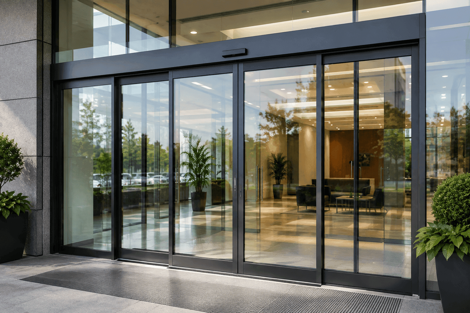 Automatic commercial sliding glass doors at a modern building entrance
