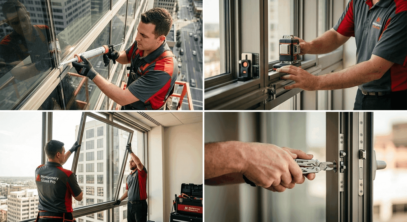 Montgomery Glass Pro technicians sealing, leveling, installing, and repairing commercial window hardware