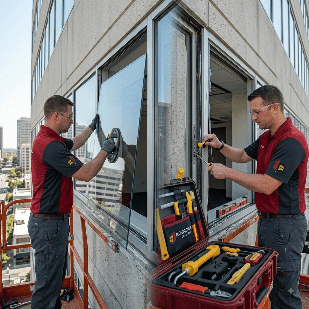 Technician using a suction cup to set commercial window glass from an exterior lift