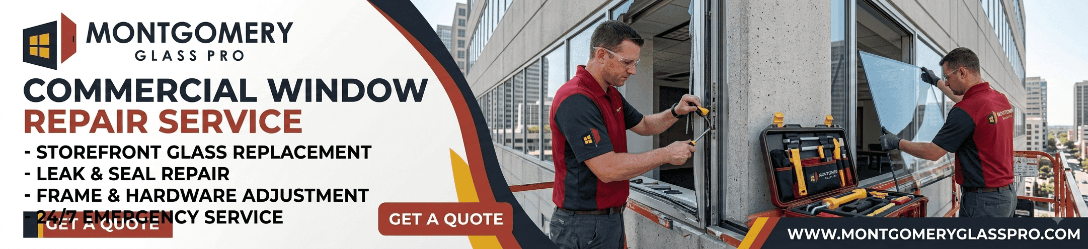 Montgomery Glass Pro technicians installing commercial window glass on a multi-story building