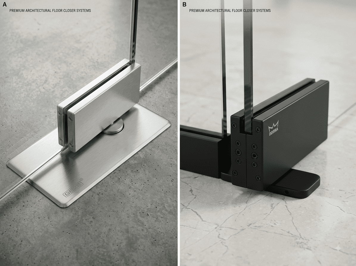 Premium architectural floor closer systems for frameless glass doors in silver and black finishes
