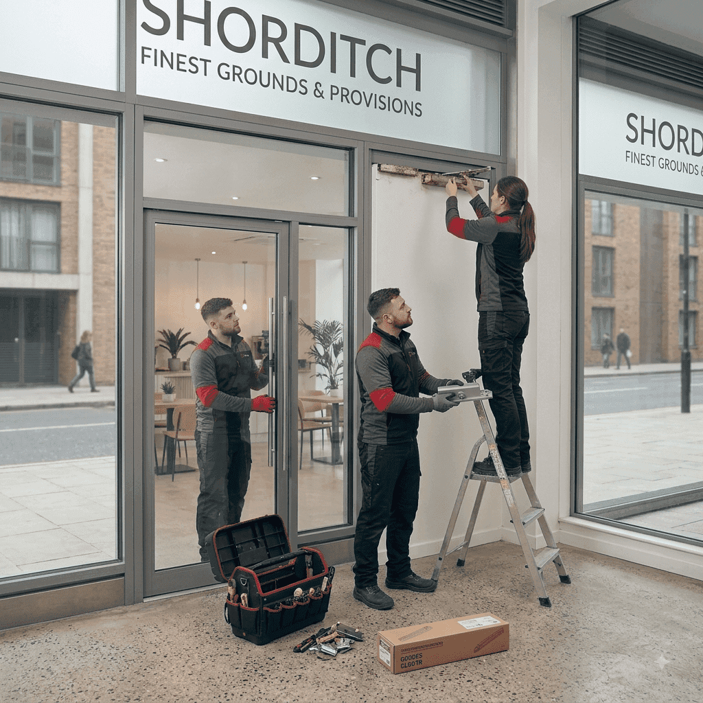 Technicians installing a commercial door closer on a glass storefront entrance