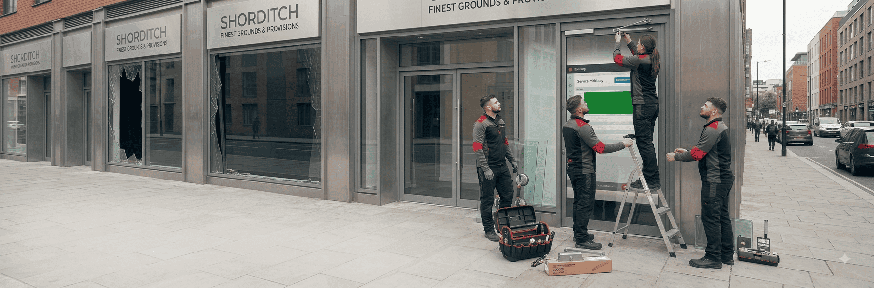 Montgomery Glass Pro technicians repairing a commercial storefront door closer on a city sidewalk