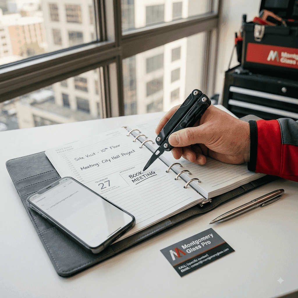 Montgomery Glass Pro technician writing in a planner beside a phone and business card