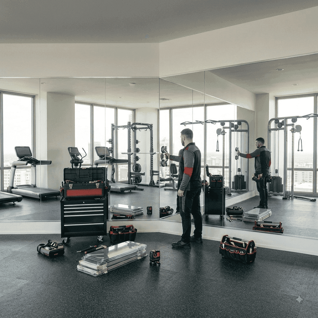 Bright training studio lined with professionally installed exercise room mirrors