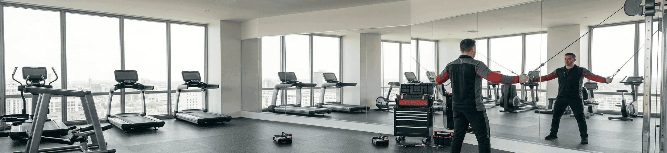 Modern gym interior with a full mirrored wall reflecting treadmills and an installer finishing the glass