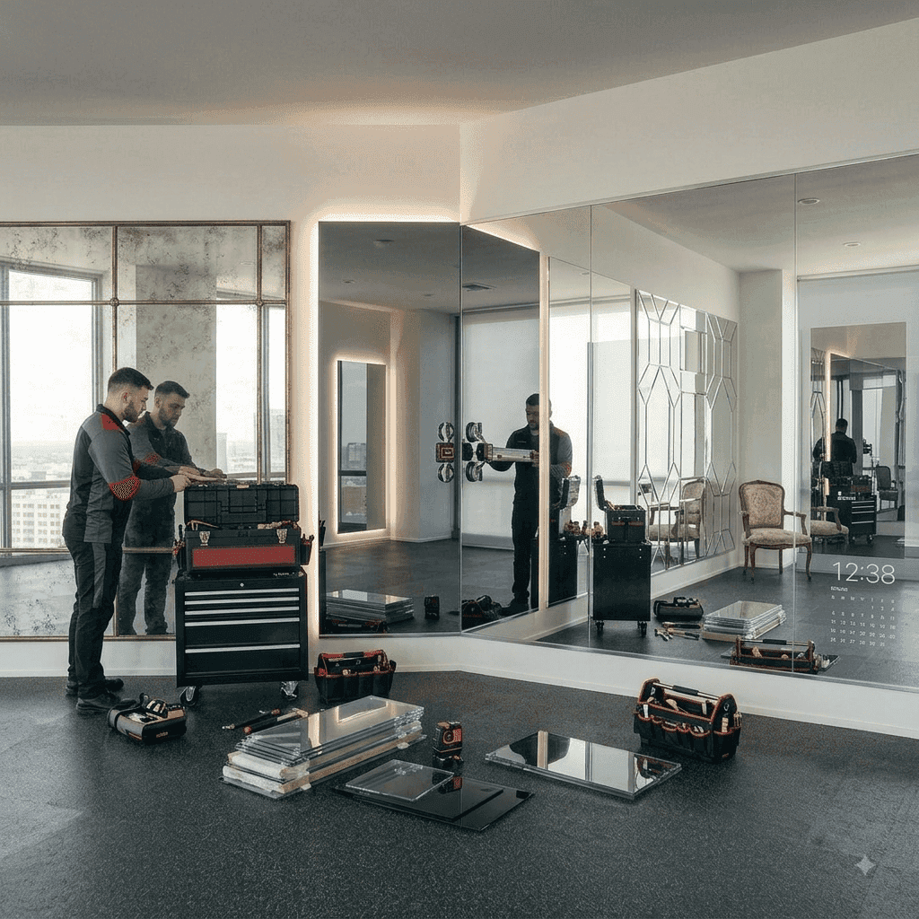 Styled mirrored wall installation with decorative framing and layered reflections