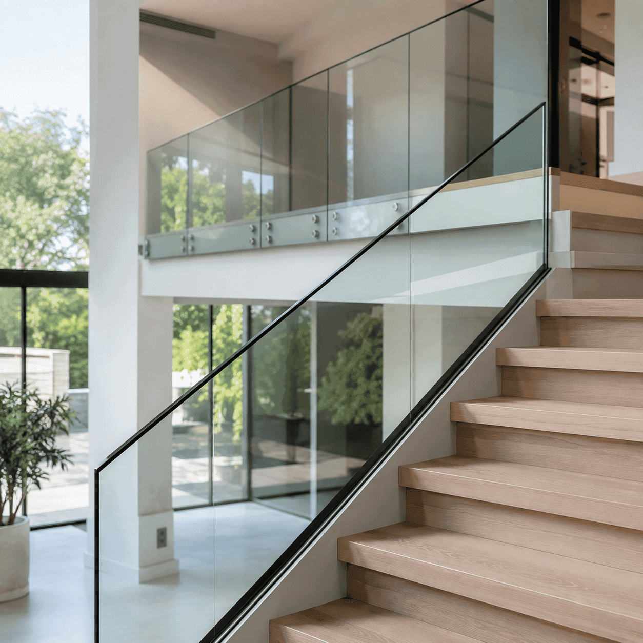 Residential glass railing on a staircase