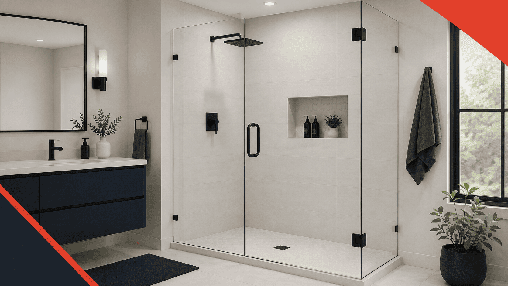 Modern bathroom with a frameless glass shower enclosure and matte black hardware
