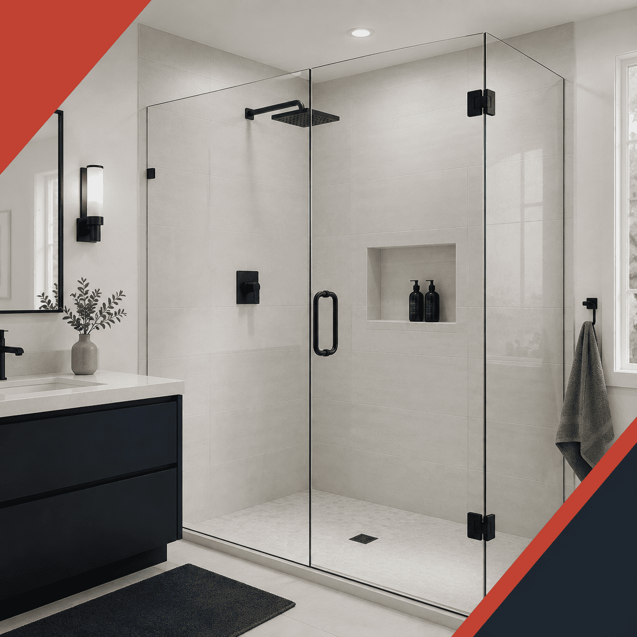 Frameless walk-in shower with matte black hinges, handle, and fixtures in a modern bathroom