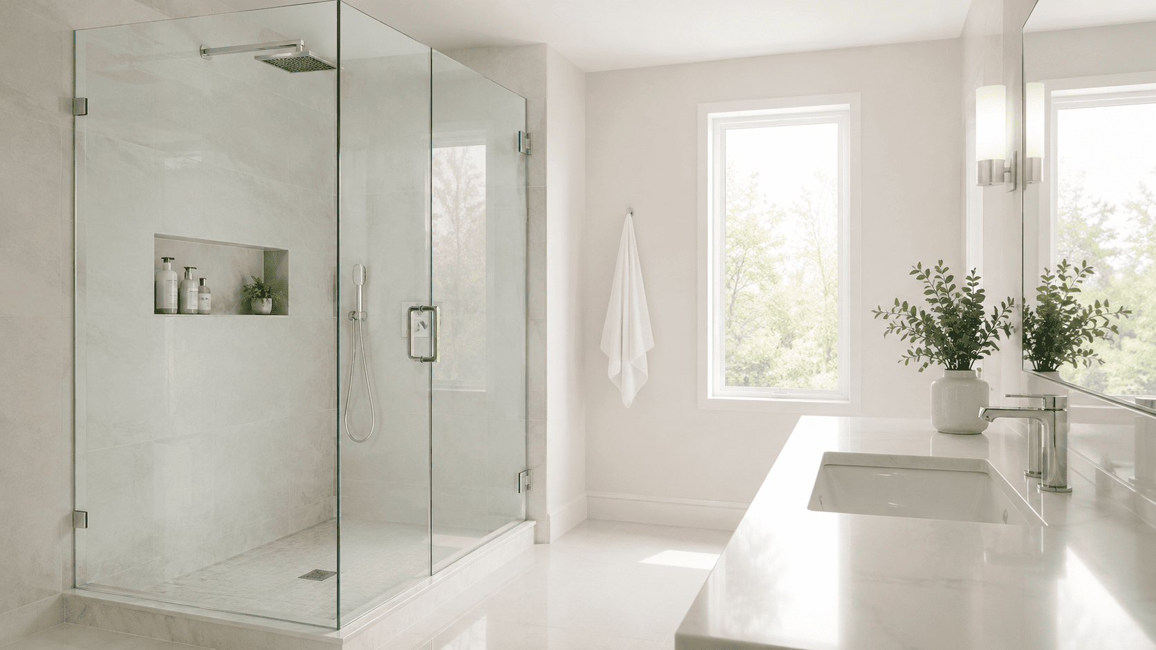 Walk-in shower with sliding glass doors, matte black hardware, and a modern bathroom vanity