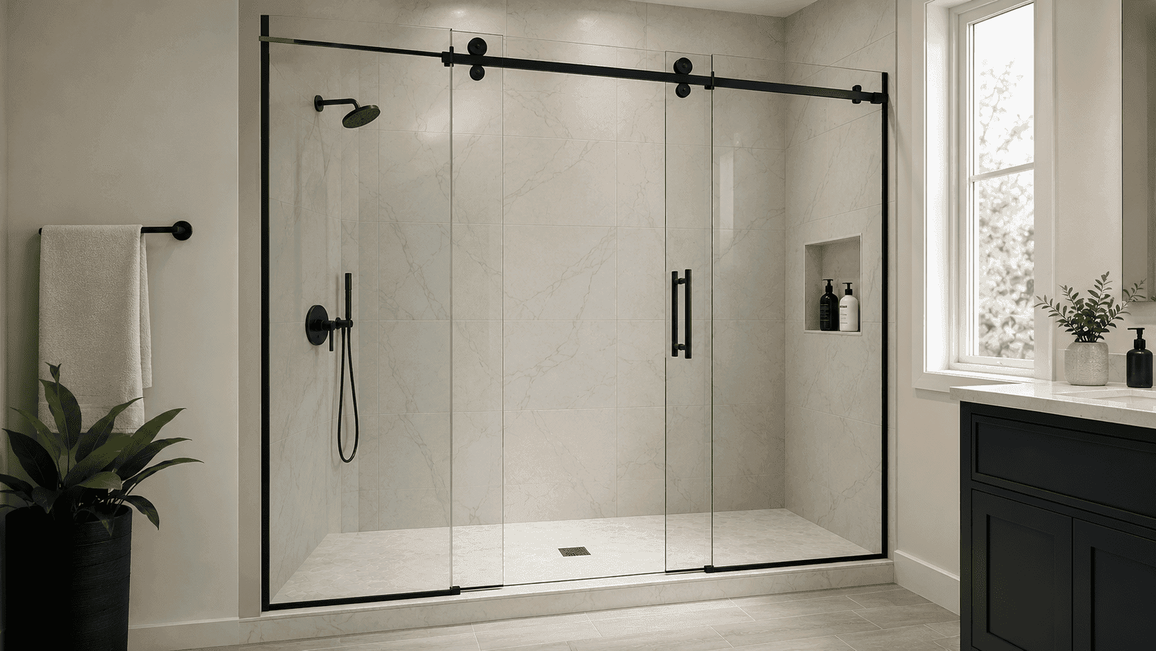 Modern walk-in shower with a sliding glass door, matte black rollers, and marble-look tile