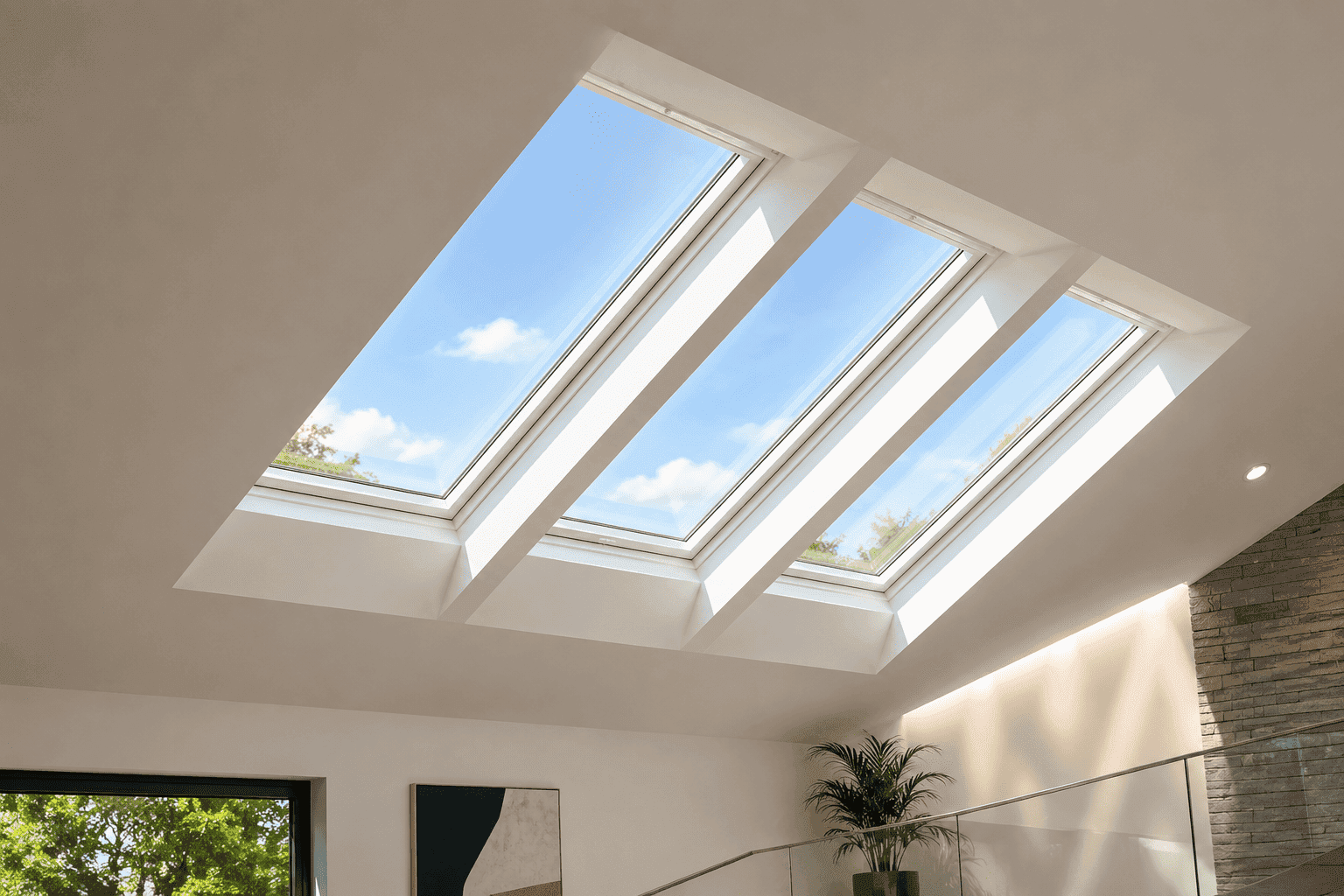 Triple-pane skylight set into a sloped white ceiling with a clear blue sky above
