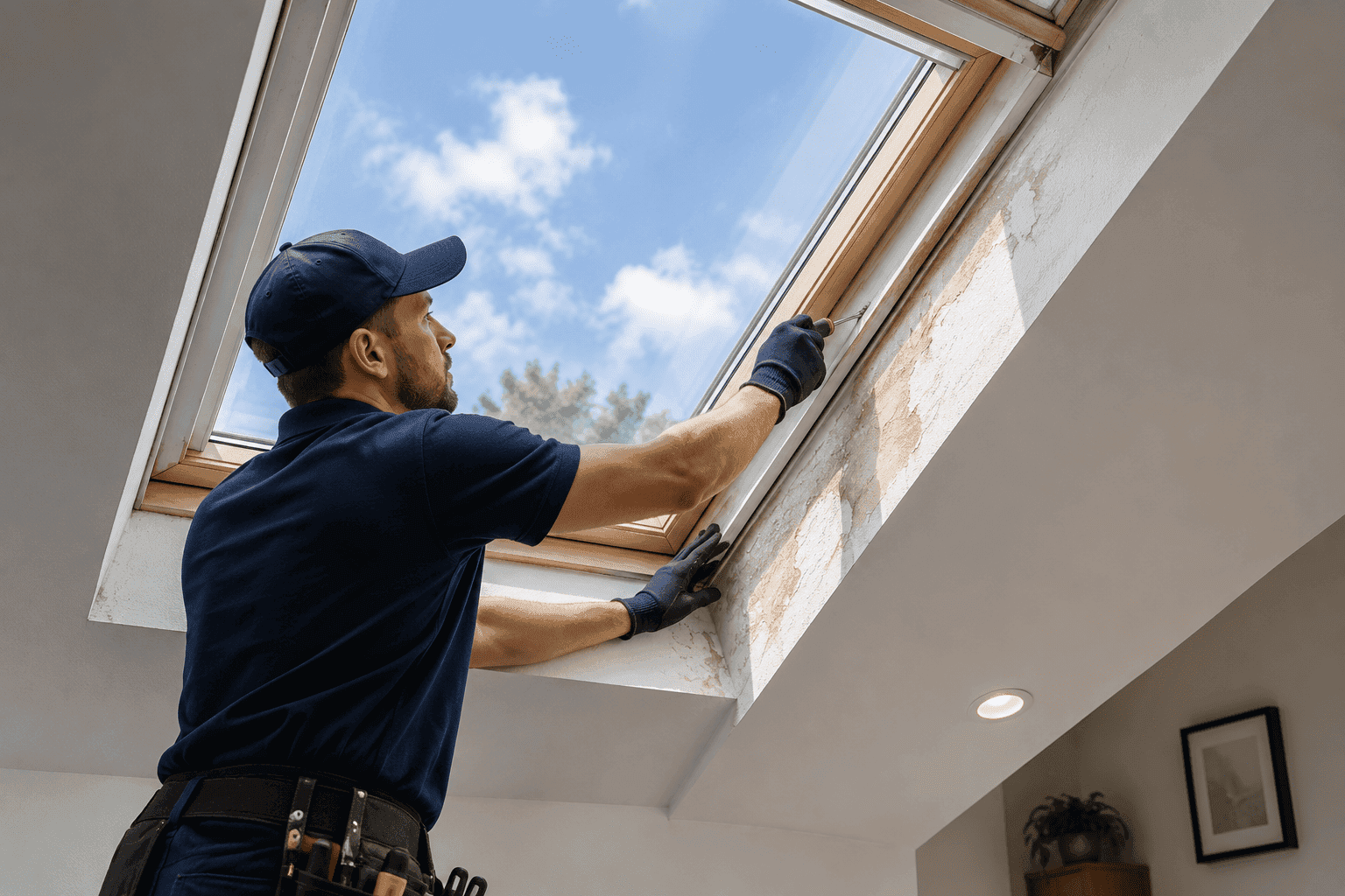 Technician repairing a wooden-framed skylight from inside a home