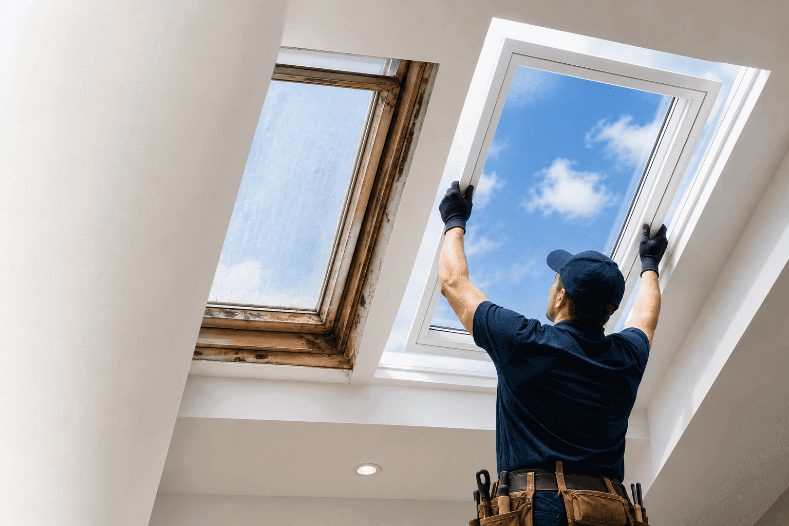Technician positioning a new framed glass skylight into a ceiling opening