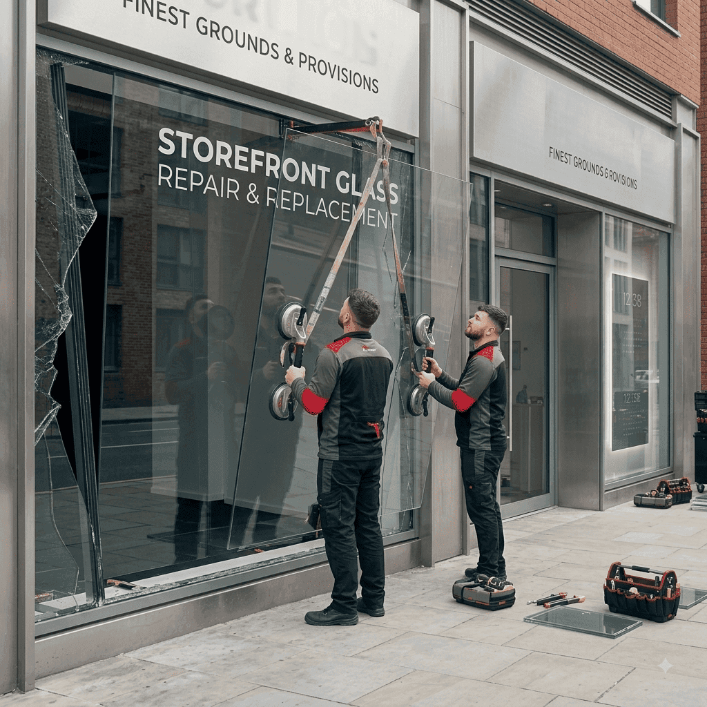 Technicians installing a new storefront glass panel beside broken glass on a commercial building